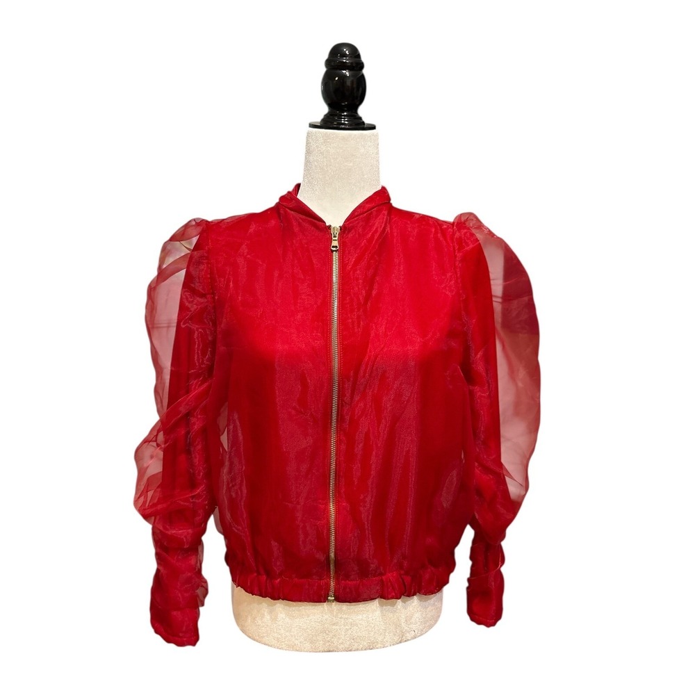 NWT Zara Red Bomber Jacket Sheer Puff Sleeve‎ Women's Size Small